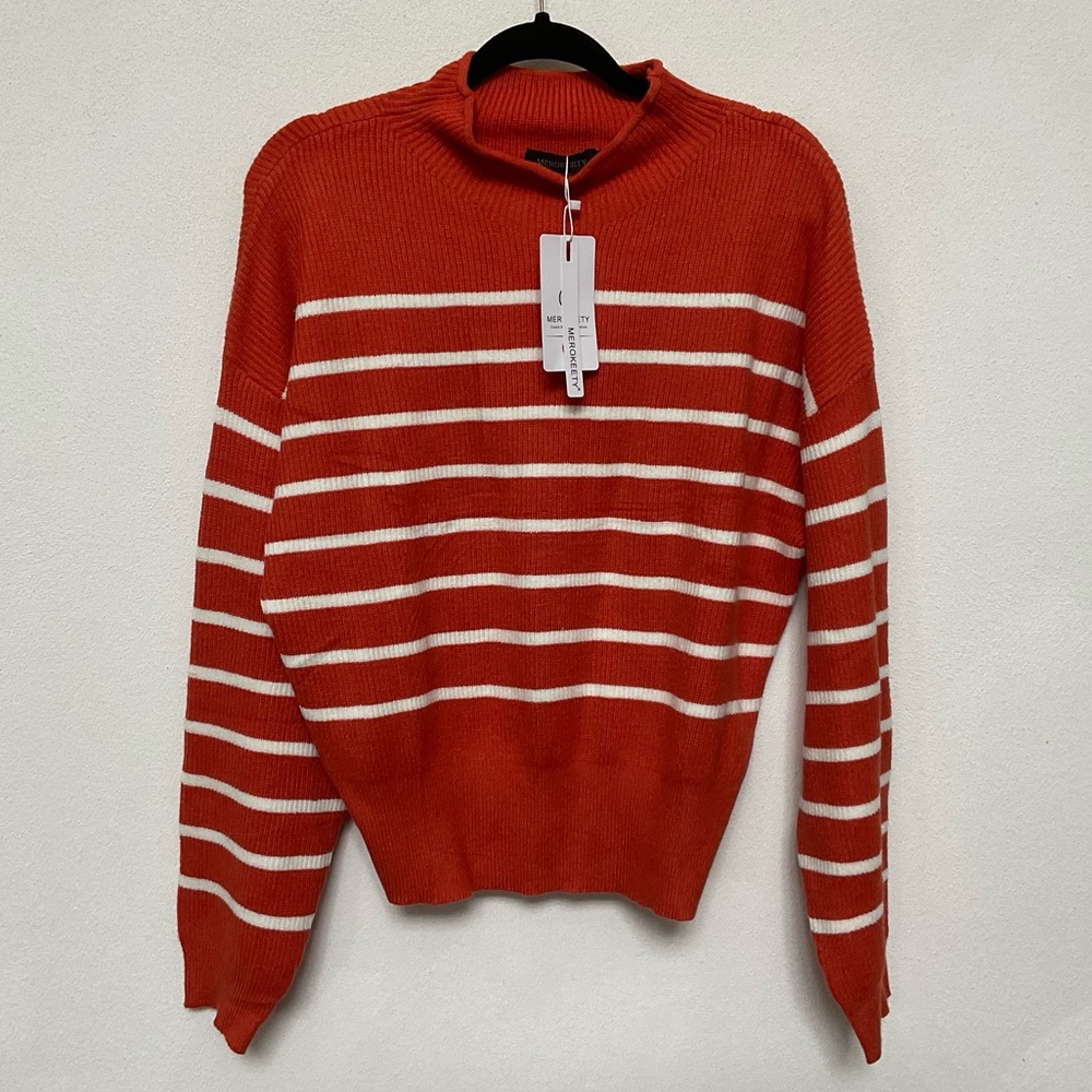 NWT Merokeety Dark Orange, White Striped Mock Neck Knit Sweater Size Large